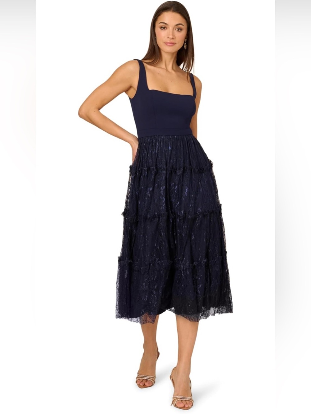 Adrianna Papell Navy Evening Dress with Square Neckline